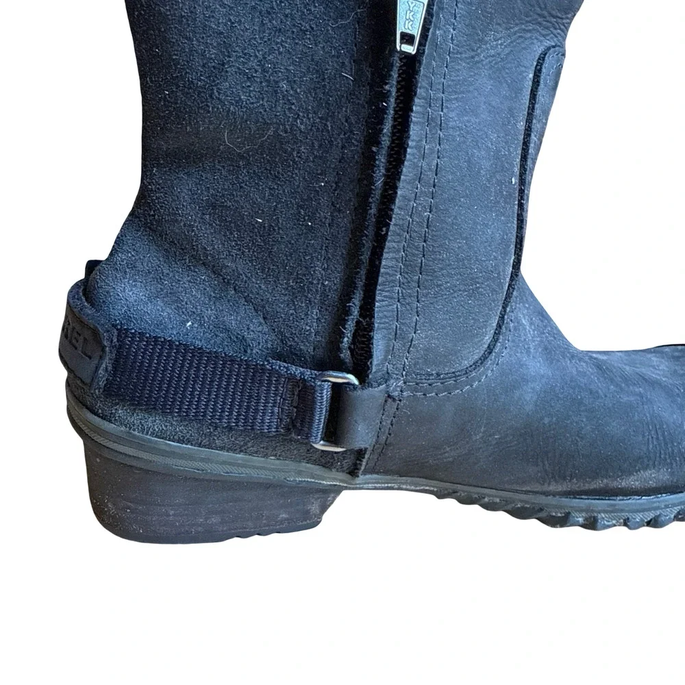 Sorel Slimboot Tall Black Oiled Leather Suede Side Zip Winter Boots Shoes sz 8